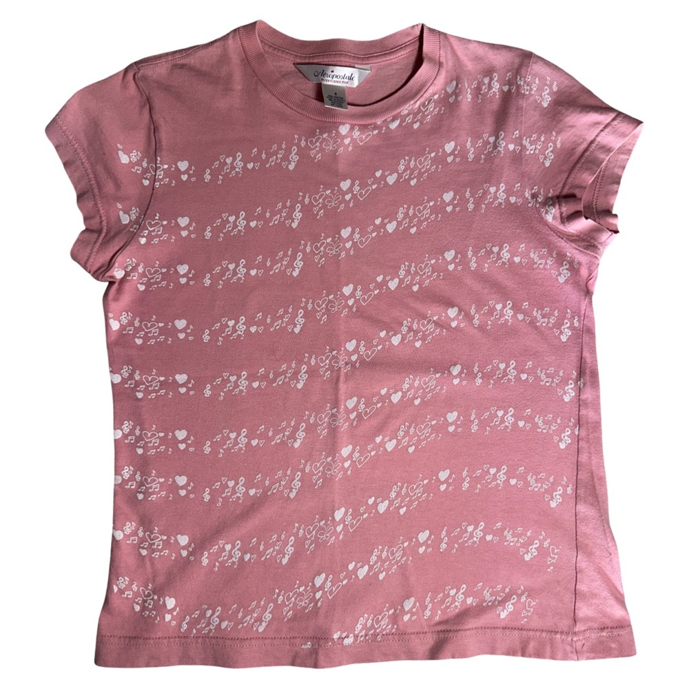 Aéropostale Pink Boyfriend Tee Musical Notes Heart Print T-Shirt Size Small
